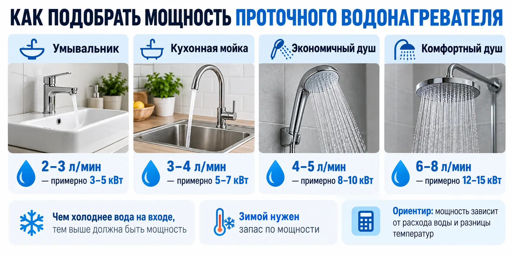 Сравнение требуемой мощности проточного водонагревателя для умывальника, кухни и душа