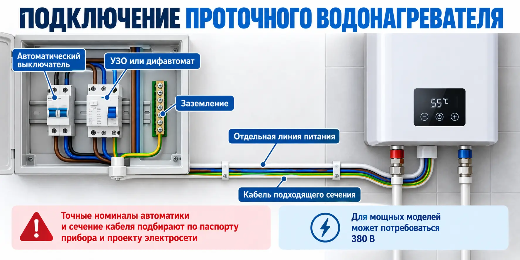 Безопасная схема подключения мощного проточного водонагревателя к отдельной электрической линии
