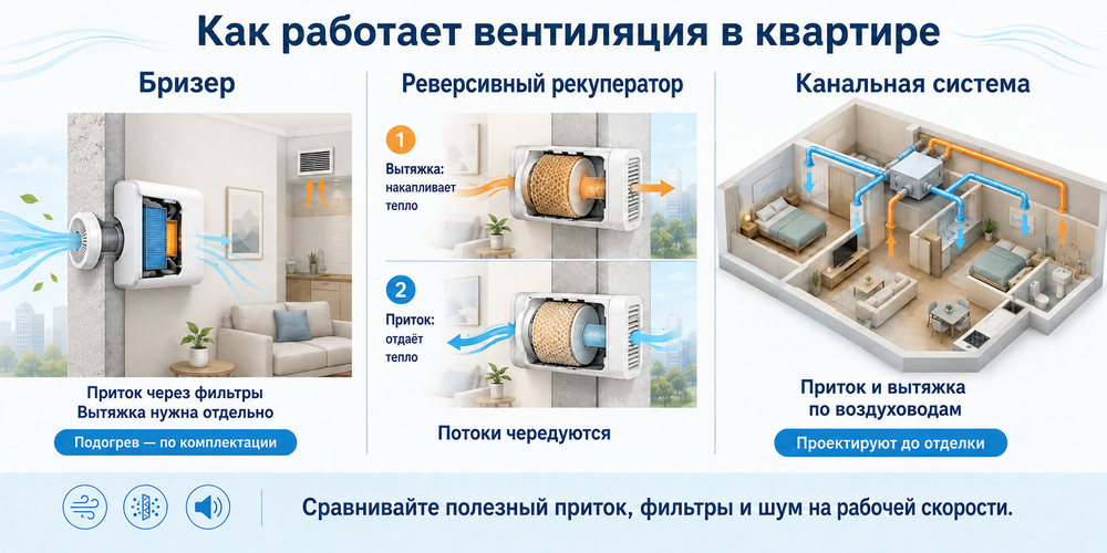 Схемы движения потоков через бризер, реверсивный рекуператор и канальную приточно-вытяжную установку