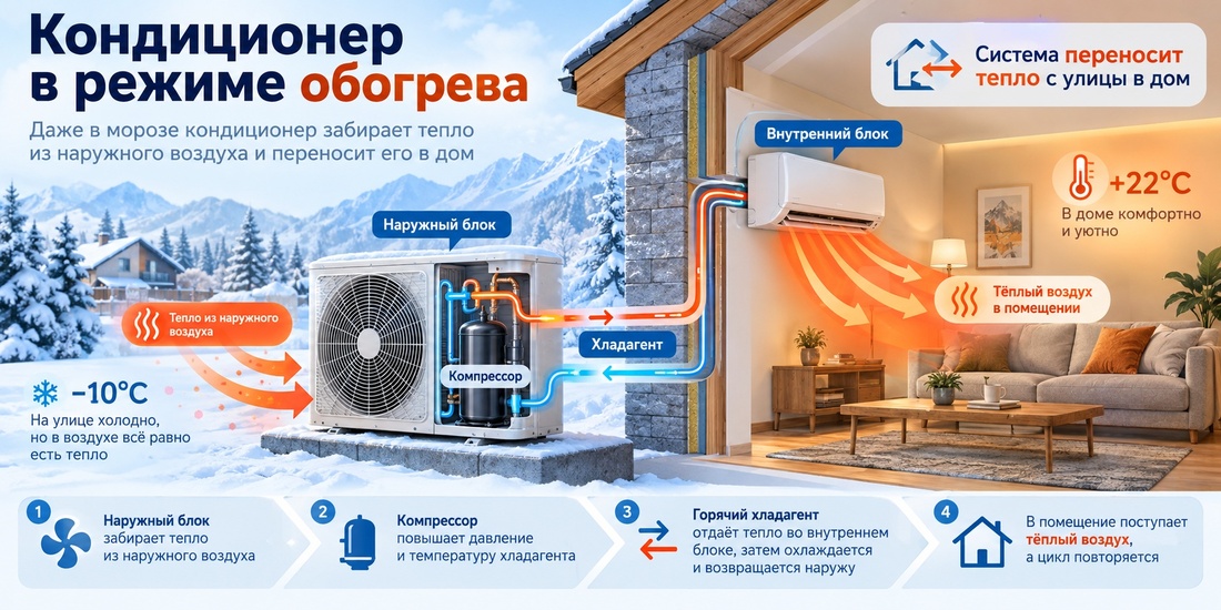 Схема работы кондиционера как теплового насоса при отоплении дома зимой