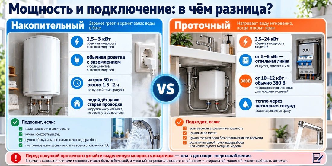 Сравнение мощности и подключения накопительного и проточного водонагревателя
