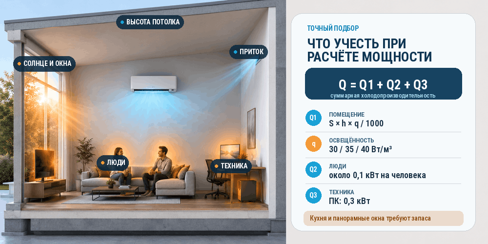 Источники теплопритоков для расчёта кондиционера: окна, солнце, люди и бытовая техника