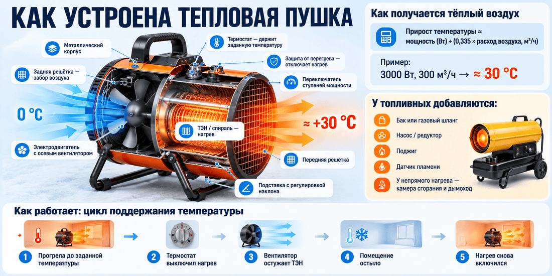 Устройство тепловой пушки в разрезе: корпус, вентилятор, нагревательный элемент, термостат, защита от перегрева, направление потока воздуха