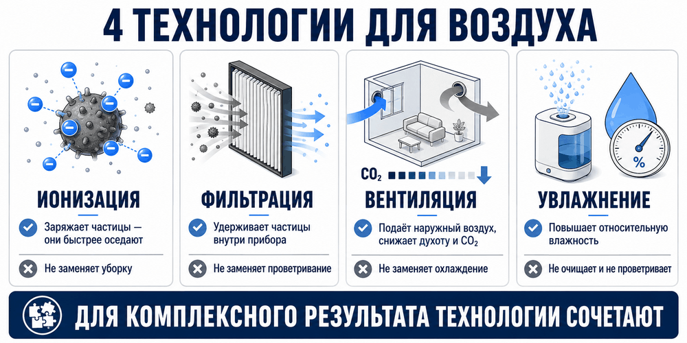 Сравнение ионизации, фильтрации, приточной вентиляции и увлажнения воздуха