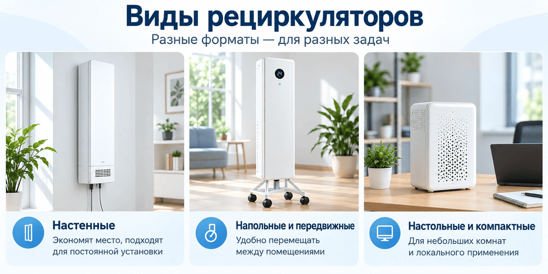 Настенный, напольный и компактный рециркуляторы воздуха в разных помещениях