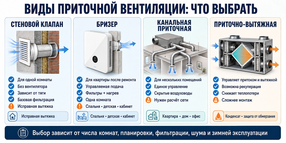Сравнение стенового клапана, бризера, канальной и приточно-вытяжной вентиляционной установки