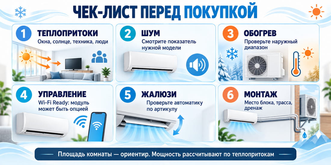 Чек-лист выбора кондиционера Royal Clima по площади, шуму, обогреву и управлению
