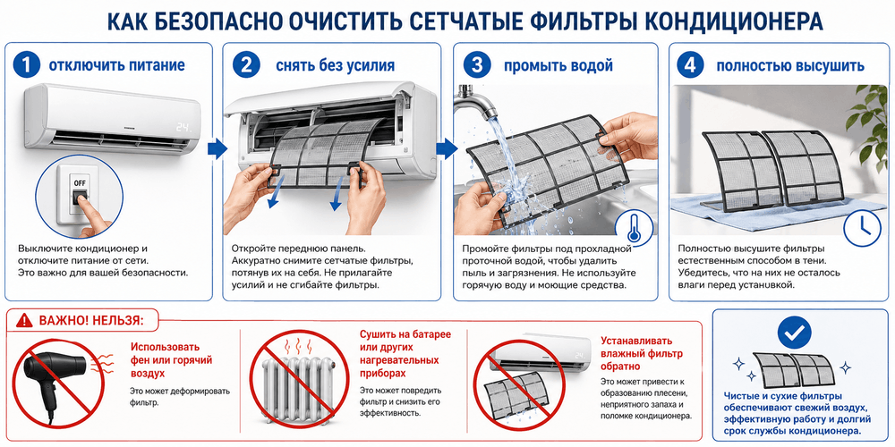 Этапы безопасной очистки сеток внутреннего блока кондиционера