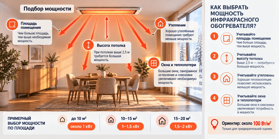 Подбор мощности инфракрасного обогревателя с учётом площади, утепления, высоты потолка