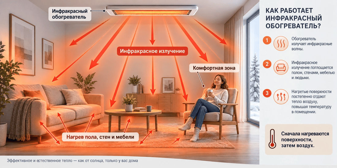 Схема работы инфракрасного обогревателя с нагревом пола, стен, предметов в зоне излучения
