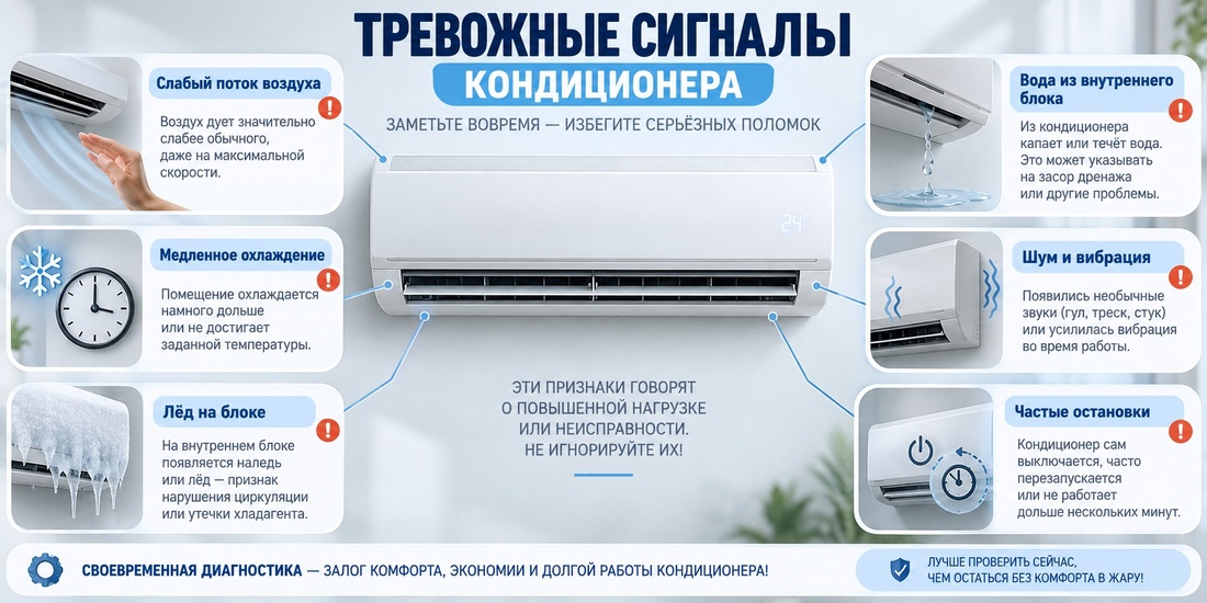 Признаки повышенной нагрузки и неисправности кондиционера