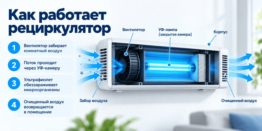 Схема движения воздуха через закрытую камеру ультрафиолетового рециркулятора