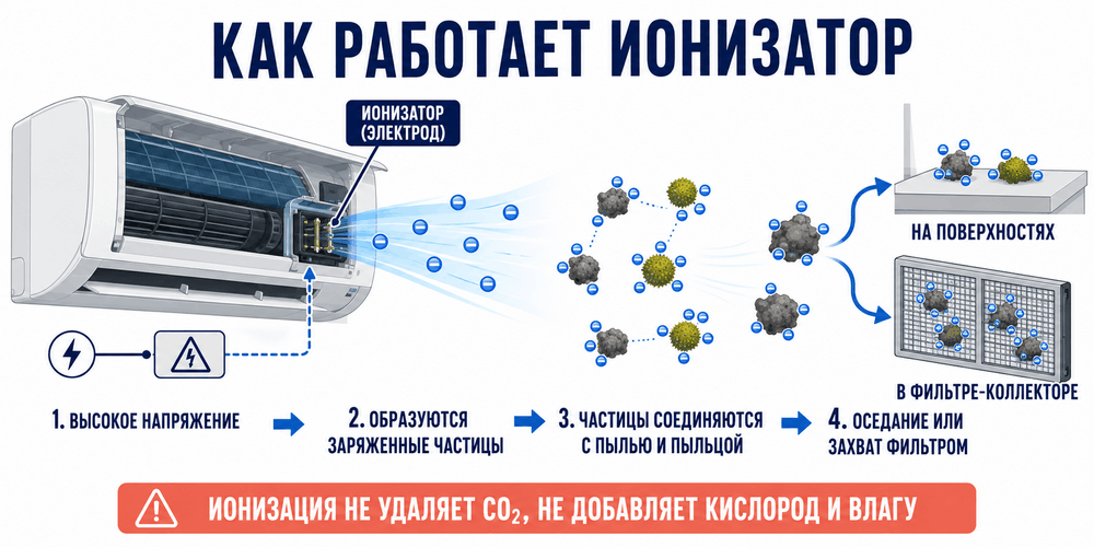 Схема работы ионизатора во внутреннем блоке кондиционера и осаждения частиц пыли
