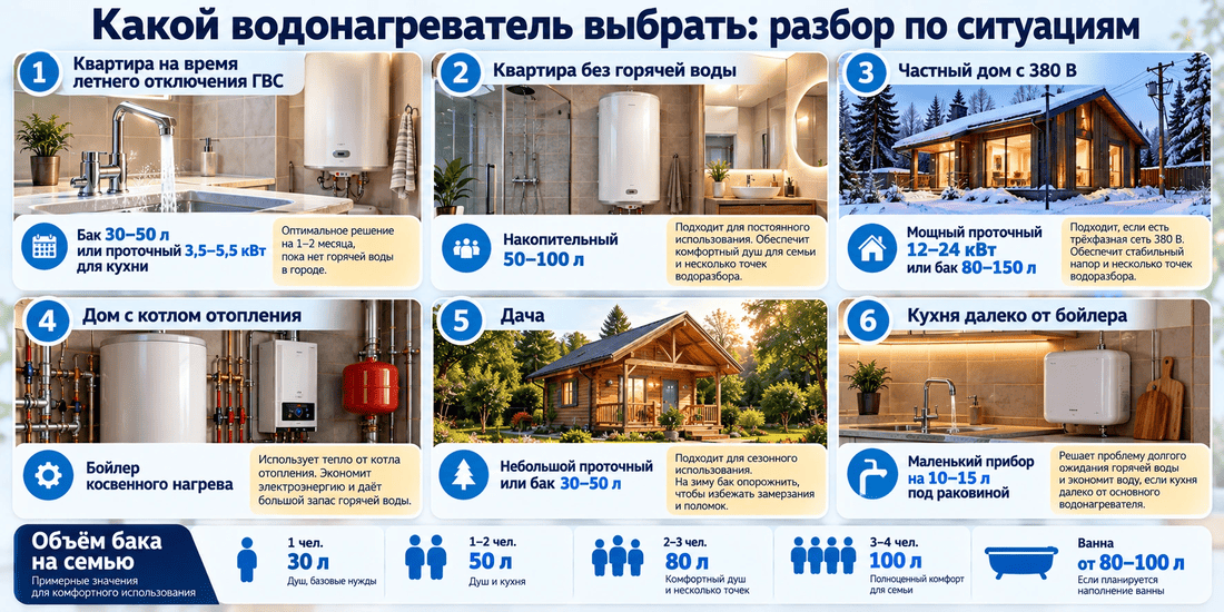 Проточный водонагреватель под раковиной и накопительный бойлер в ванной комнате