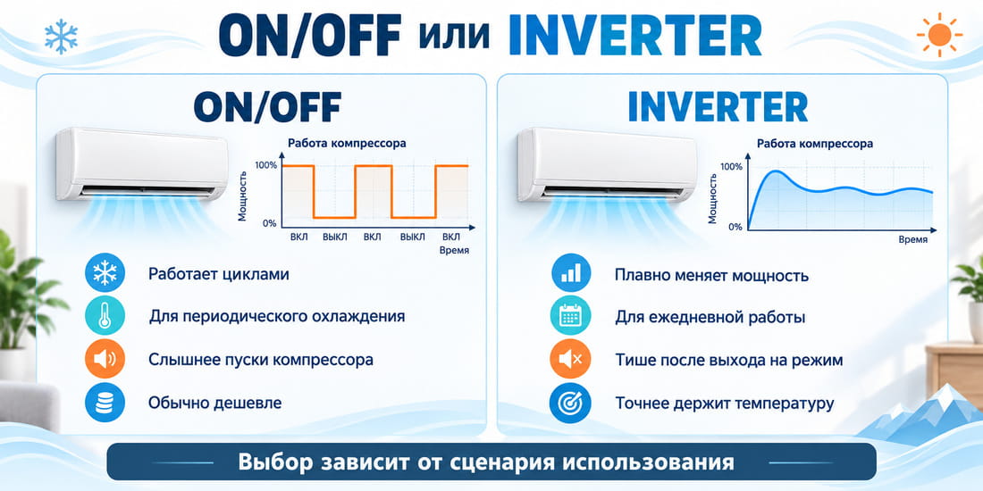 Сравнение принципа работы кондиционеров Royal Clima On/Off и Inverter