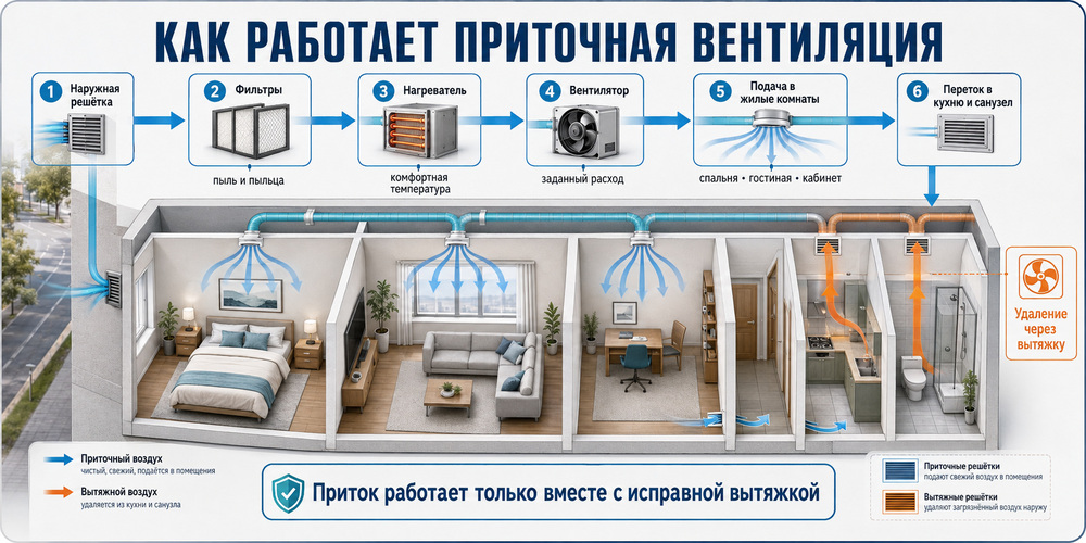 Схема подачи наружного воздуха через фильтр и нагреватель в жилые комнаты с удалением через кухню и санузел