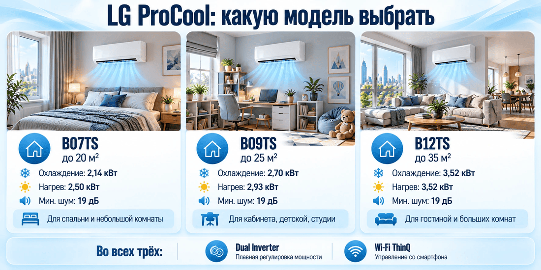 Сравнение кондиционеров LG ProCool B07, B09 и B12 по площади комнаты
