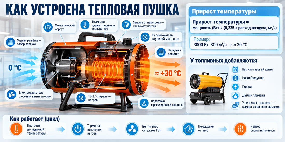 Виды тепловых пушек: электрическая, газовая, дизельная прямого и непрямого нагрева, инфракрасная и водяная, с мощностью и областью применения