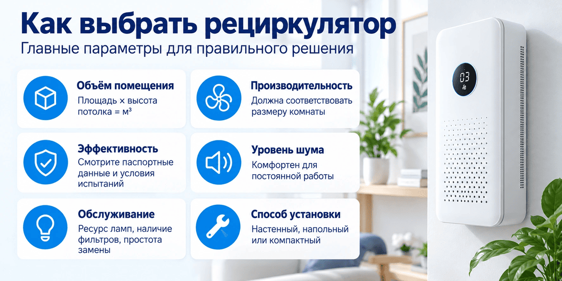 Основные параметры выбора рециркулятора: объём помещения, производительность, шум и способ установки