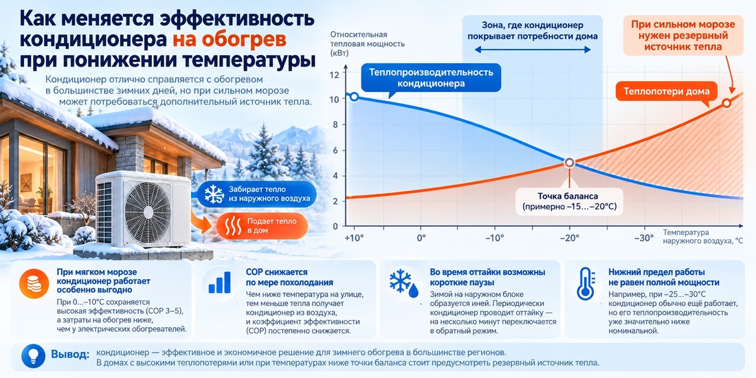 Зависимость теплопроизводительности кондиционера и теплопотерь дома от температуры зимой