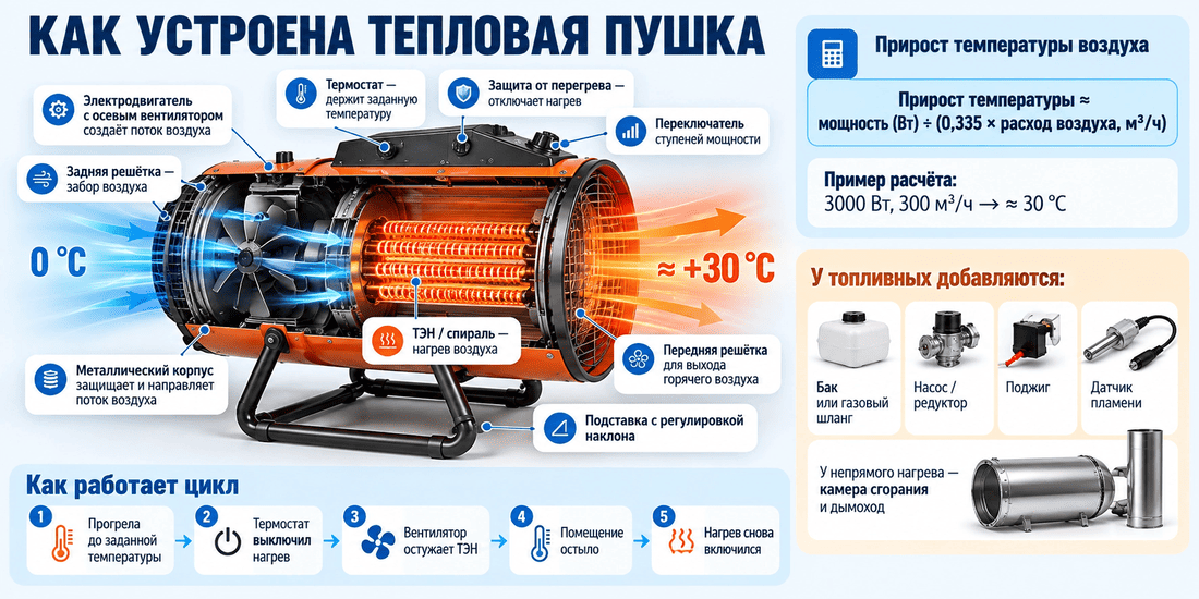 Расчёт мощности тепловой пушки: формула, коэффициент утепления и пример для гаража в Новосибирске при −20 и −30 °C