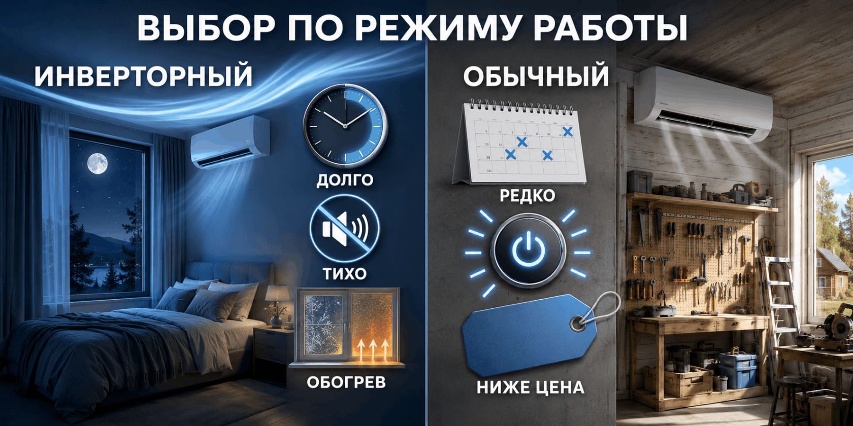 Схема выбора между обычным и инверторным кондиционером для разных помещений