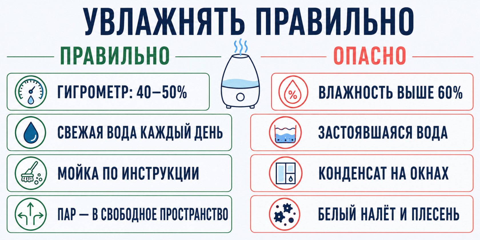 Правильное увлажнение комнаты и риски переувлажнения, грязной воды и конденсата