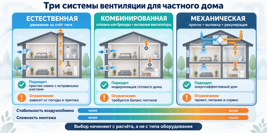 Сравнение естественной, комбинированной и механической вентиляции для частного дома