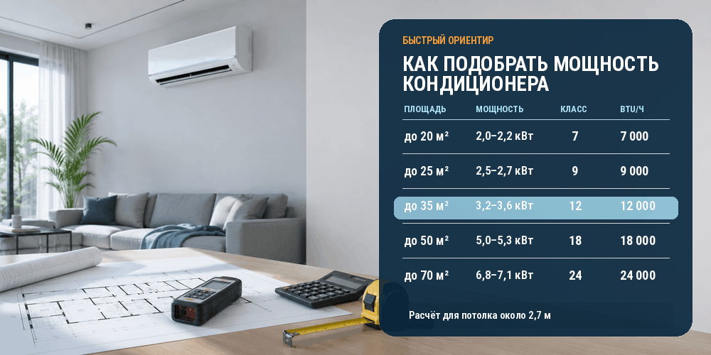 Таблица подбора мощности кондиционера по площади комнаты и значению BTU