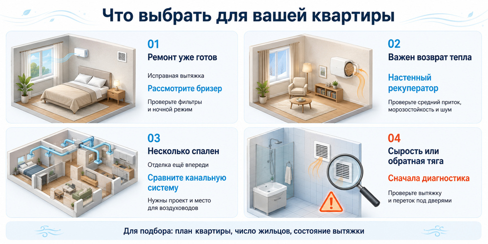 Выбор вентиляции по условиям квартиры: готовый ремонт, отдельная комната, несколько спален и проблемы с вытяжкой