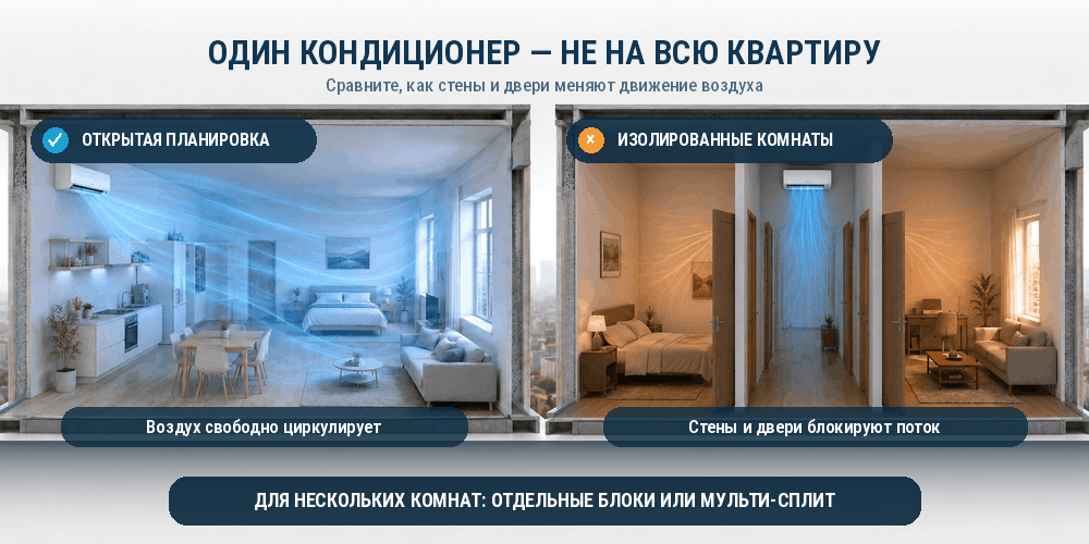 Сравнение охлаждения открытой студии и нескольких изолированных комнат кондиционером