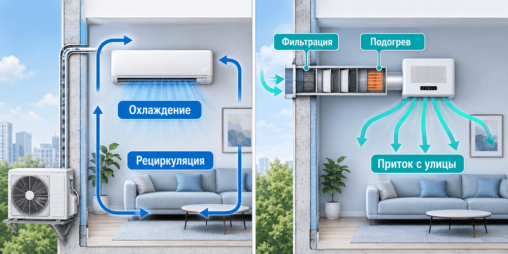 Сравнение принципов работы кондиционера и бризера в квартире