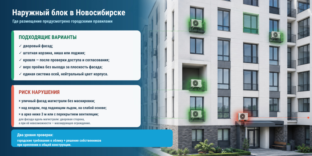 Допустимые места для наружного блока кондиционера по правилам Новосибирска