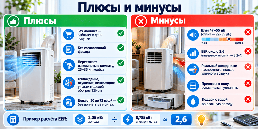 Плюсы и минусы мобильного кондиционера: без монтажа и согласований, перенос между комнатами, шум 47–55 дБ, EER около 2,6, привязка к окну