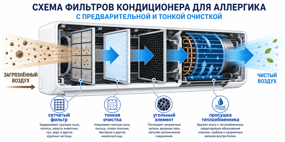 Схема фильтров кондиционера для аллергика с предварительной и тонкой очисткой