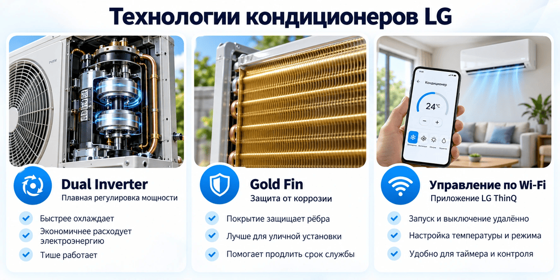 Внутренний и наружный блок кондиционера LG: инверторный компрессор, покрытие Gold Fin, управление через смартфон