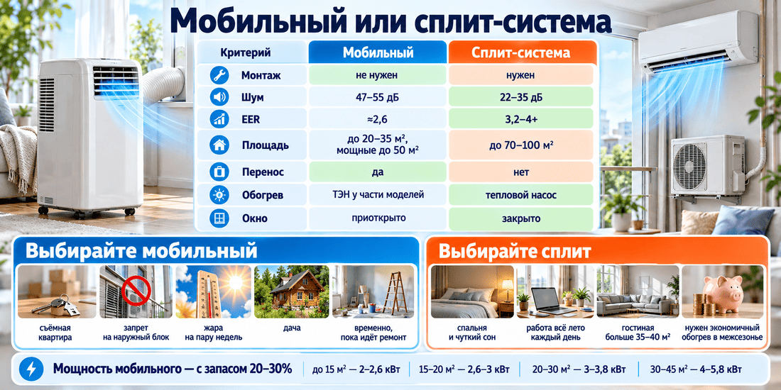 Мобильный кондиционер или сплит-система: сравнение по шуму, эффективности, монтажу и ситуациям, в которых подходит каждый тип