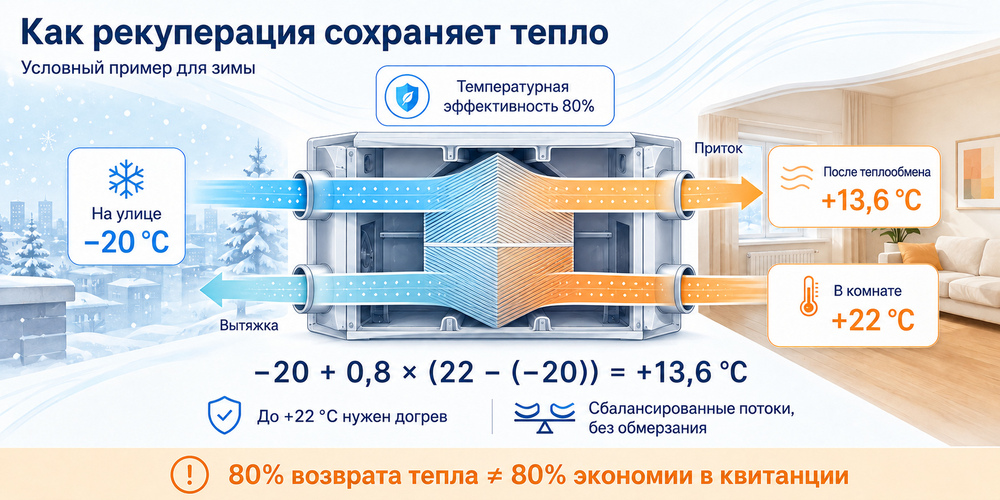 Условный расчёт температуры после рекуператора: снаружи минус 20, в комнате плюс 22, после теплообмена плюс 13,6 градуса